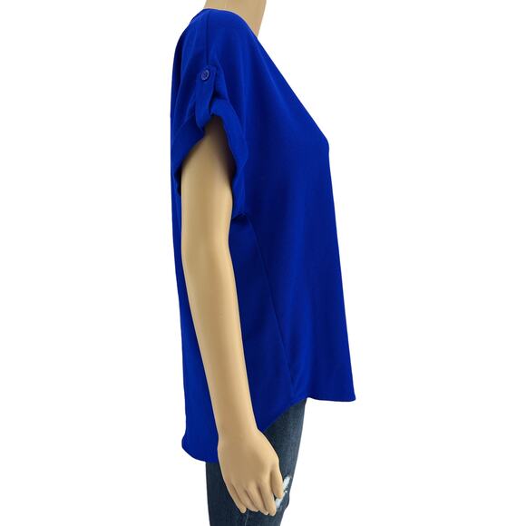 Moa Moa MEDIUM Blue Split V Neck Rolled Cuff Short Sleeve High Low Blouse Top - Picture 3 of 7